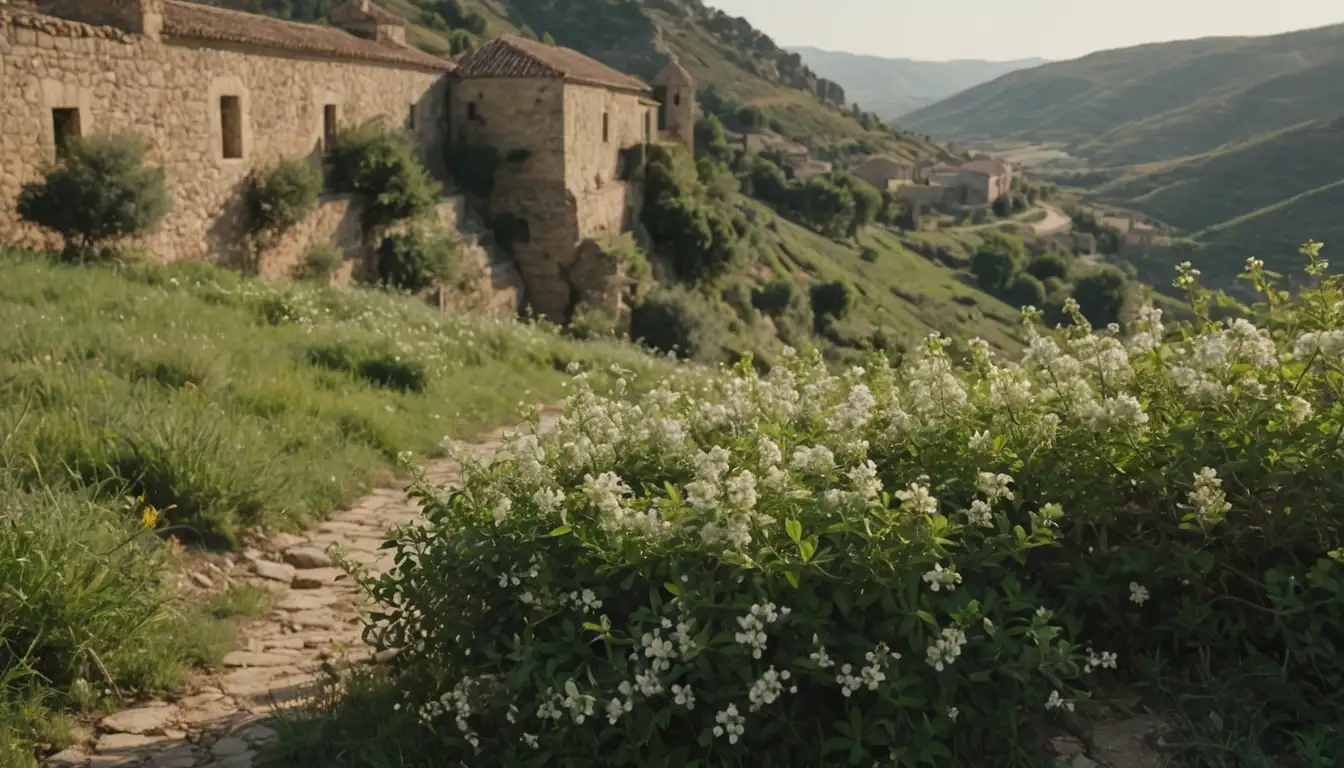17th-century Spanish countryside, jasmine plants in bloom, warm sunlight, greenery, rustic stone walls, rolling hills, a few wildflowers, and a sense of serenity, simplicity