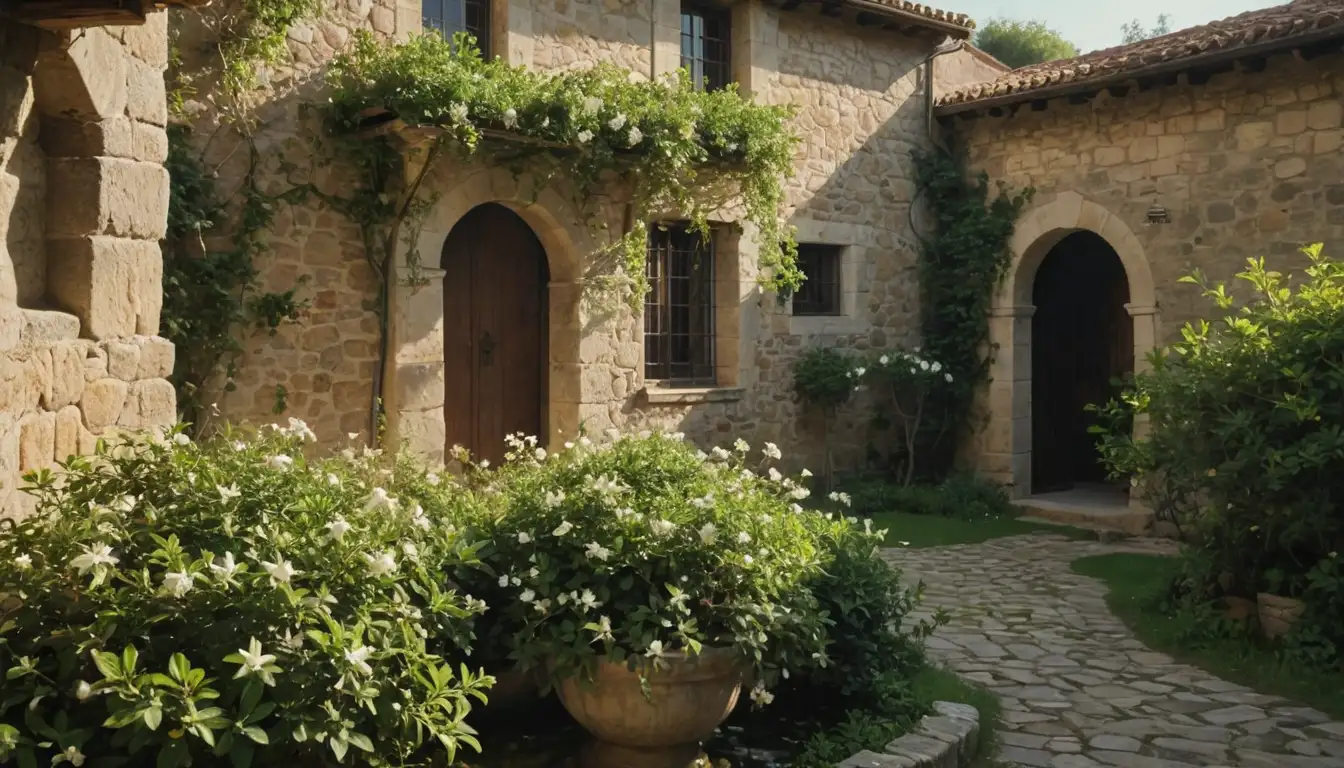 18th-century Spanish landscape with a prominent jasmine plant in full bloom, surrounded by lush greenery, stone walls, and rustic architecture, possibly featuring a charming cottage or fountain, with a warm sunlight filtering through