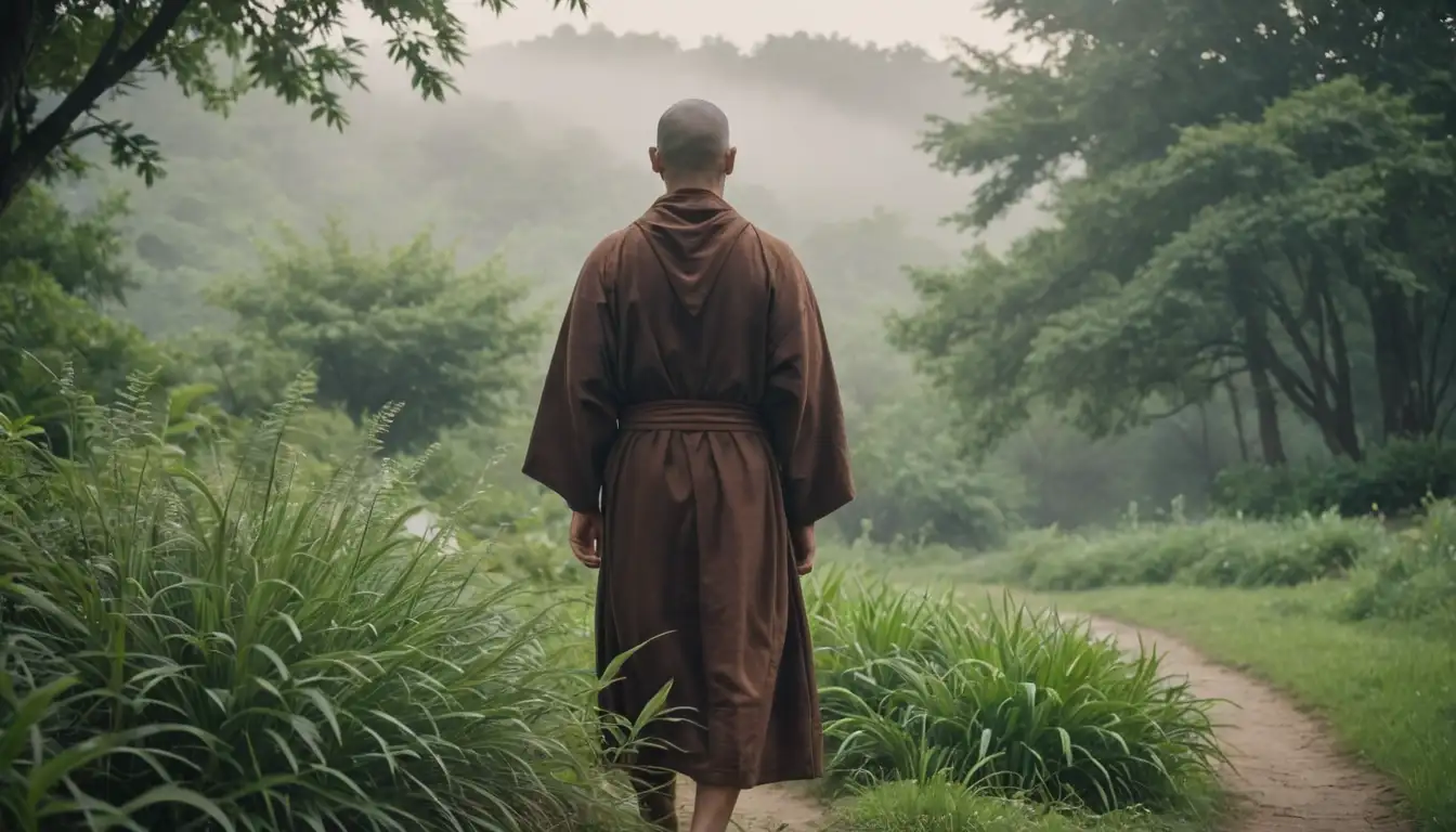 A serene scene with a monks robe, calming plants, gentle lighting, peaceful landscape, natural setting, misty atmosphere, subtle watercolor hues, wispy clouds, soft focus, and a sense of tranquility