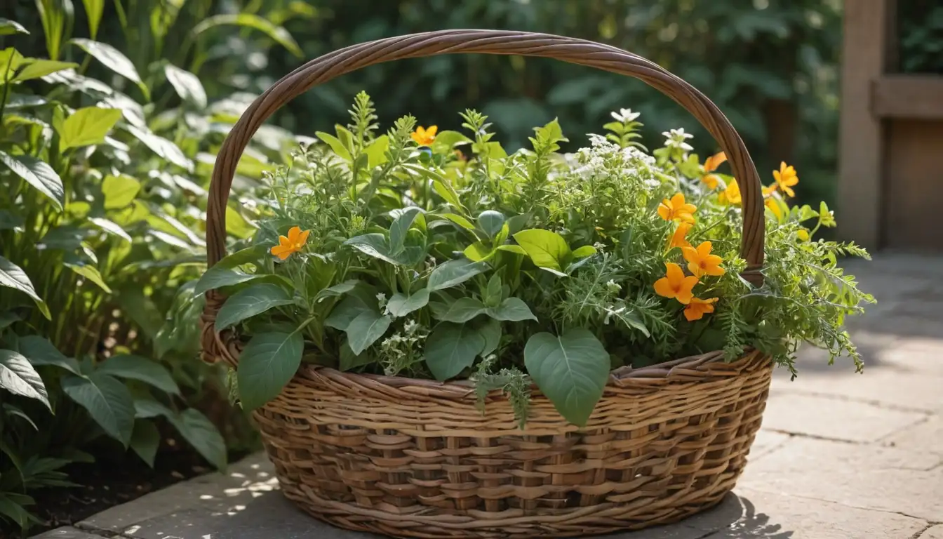 A basket or wicker container filled with a bounty of Canonigos herbs, surrounded by lush greenery, sunlight filtering through leaves, delicate flowers in shades of yellow and orange, soft focus to highlight textures, earthy tones and natural light