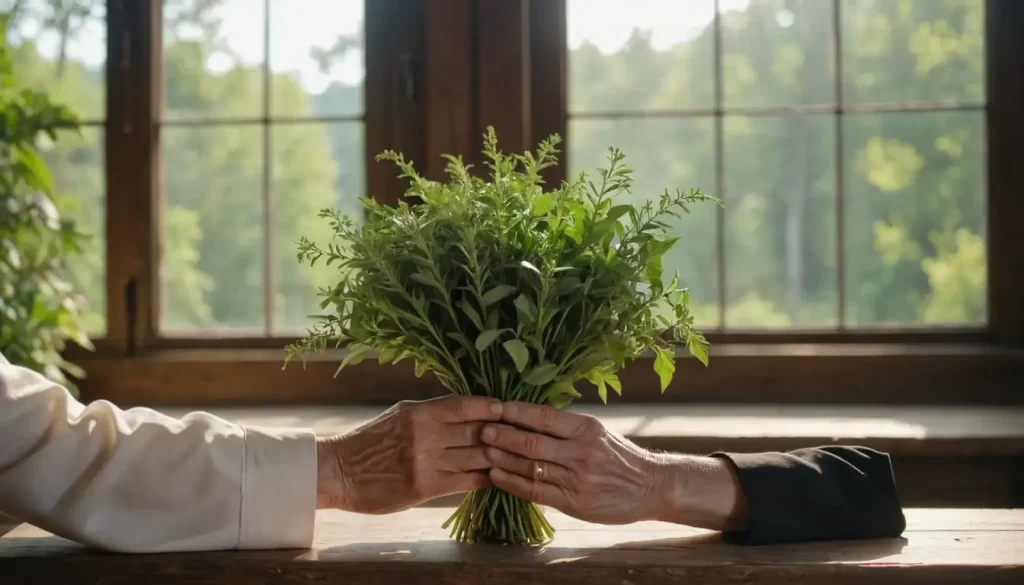 Elderly nuns hands gently holding a bouquet of Canónigos herb