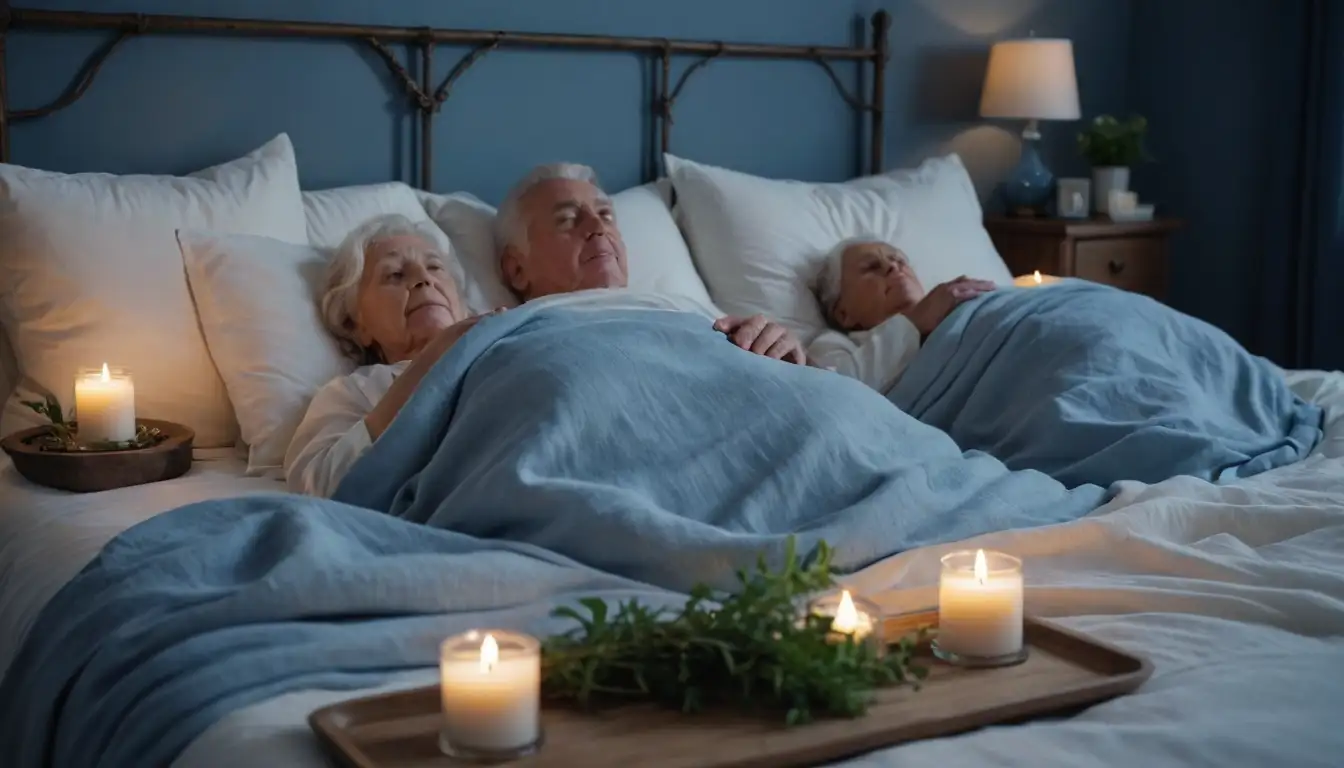 Elderly people lying in beds with pillows and blankets, surrounded by candles, relaxing atmosphere, a few sprigs of Canónigos herbs placed on nightstands or nearby, soothing color palette with blue and white hues, subtle lighting to convey serenity