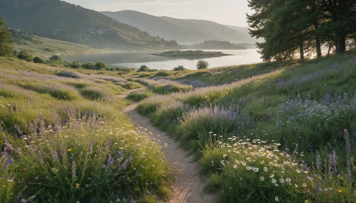 A serene landscape with calm waters, gentle hills, soothing sun or misty clouds, wildflowers including chamomile and lavender, a few trees providing shade, a meandering path, and a peaceful atmosphere