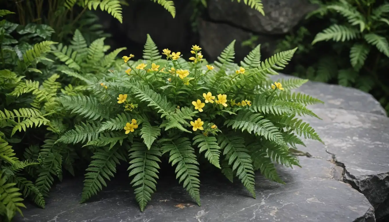 3D illustration of a plant with fern-like leaves and small yellow flowers, surrounded by lush green foliage, on a natural stone background, featuring soft focus to emphasize textures and details