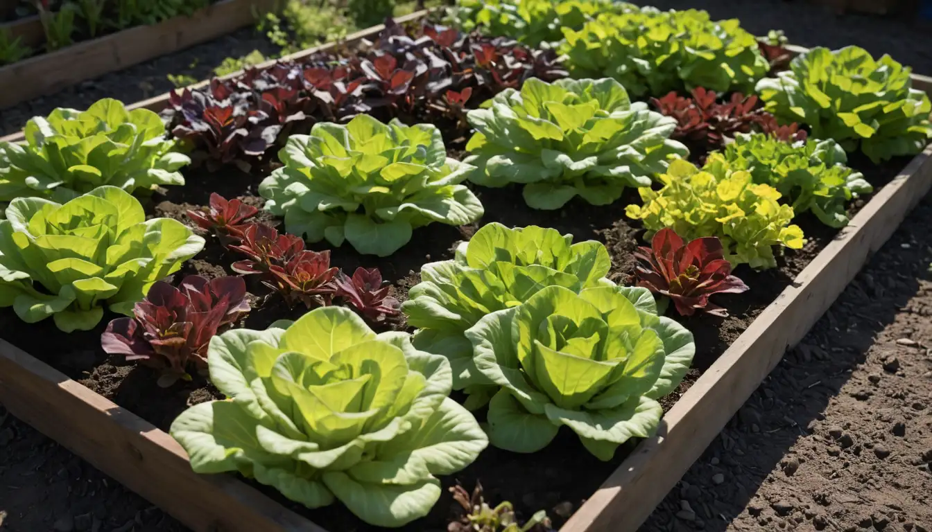 4-6 lettuce plants, diverse leaf shapes and colors, grown in a rectangular bed with soil, perhaps some surrounding flowers or greenery, sunlight shining down, and a few gardening tools like trowels or gloves lying nearby