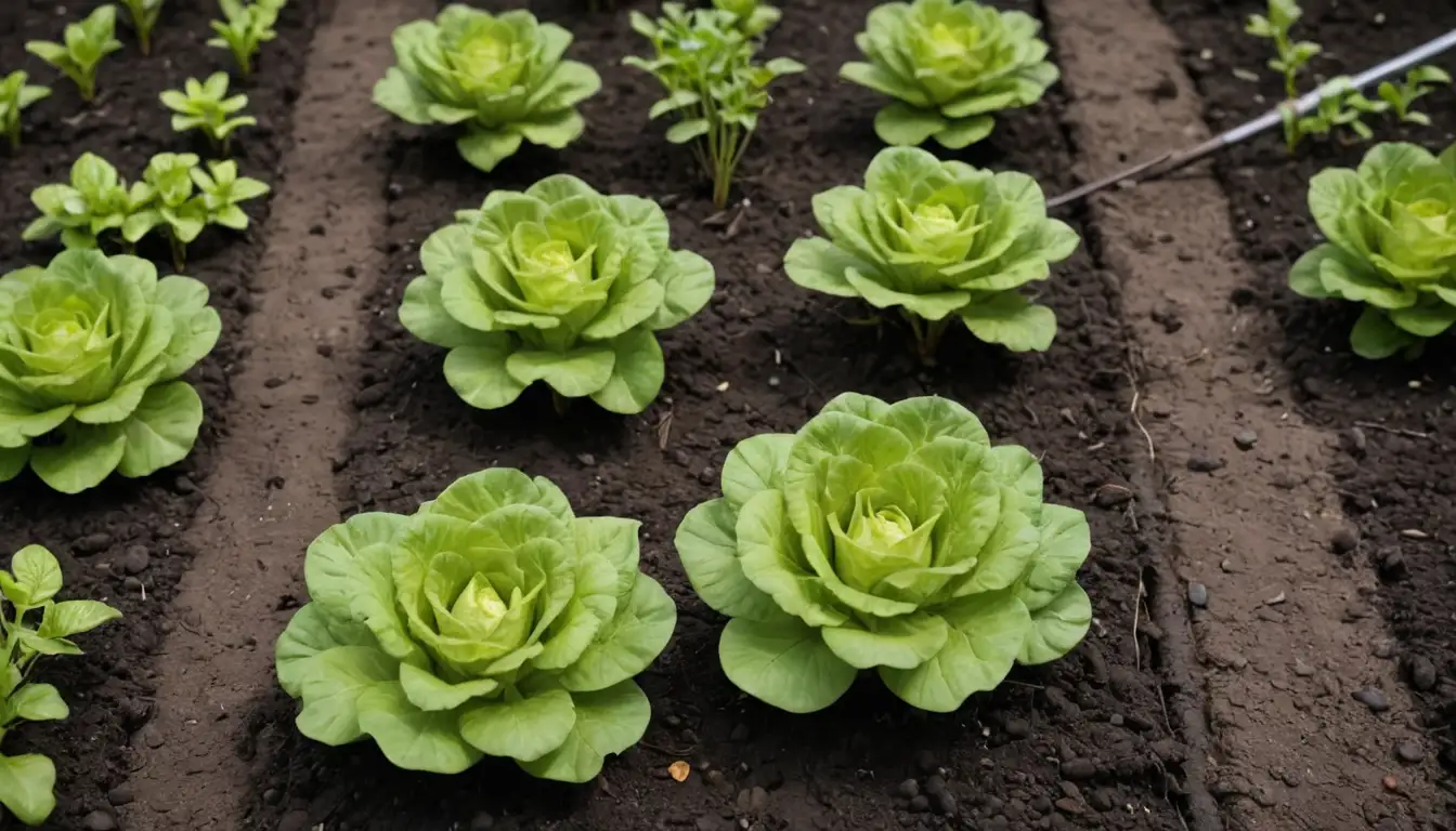 4-6 leafy lettuce plants with varying stages of growth, surrounded by soil with visible root development, shallow water puddles, and a few scattered garden tools like trowels and pruning shears