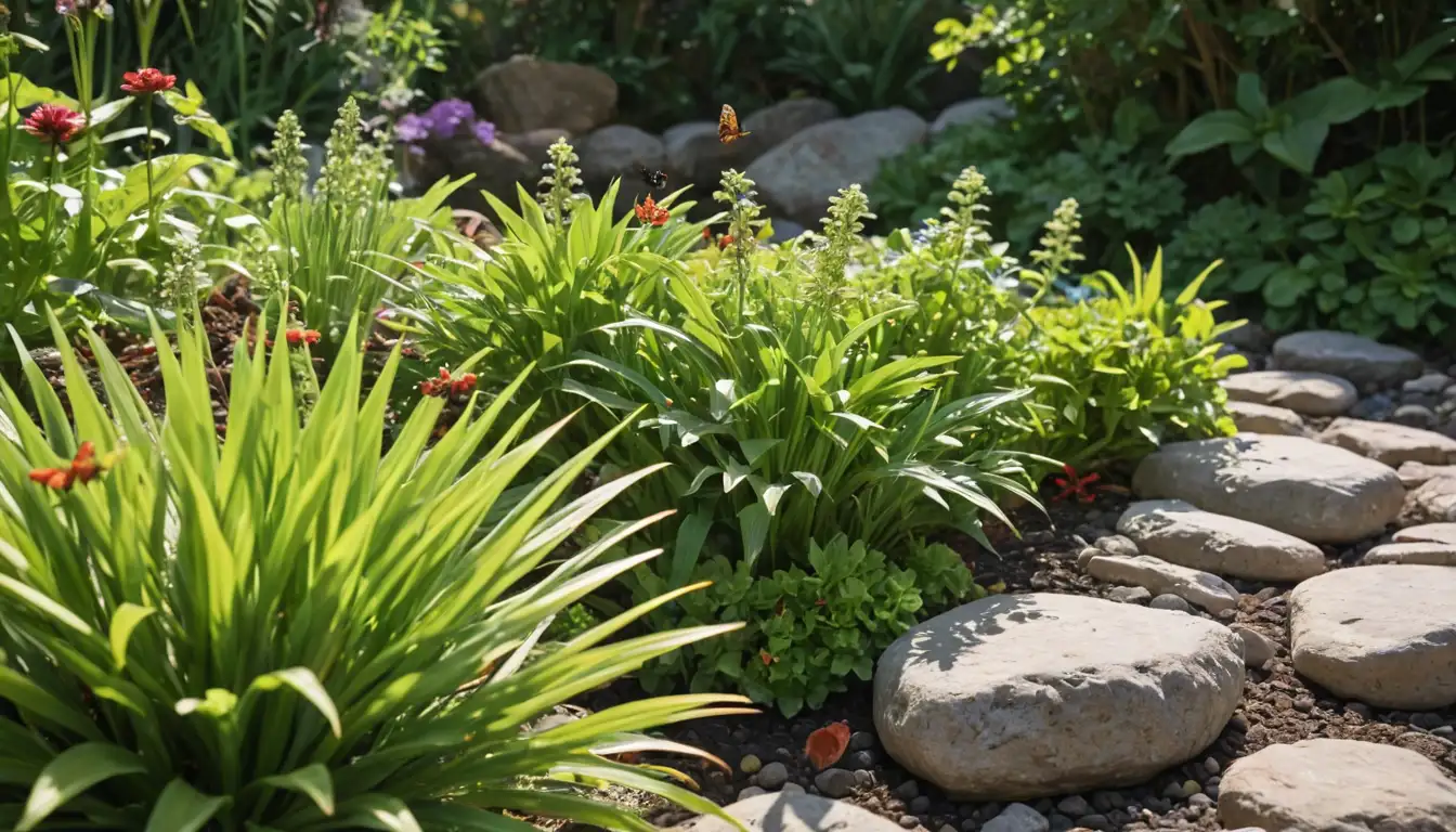 A garden scene with lemongrass, colorful flowers, bees, butterflies, ladybugs, lacewings, and a leafy lettuce plant in the center, surrounded by natural elements like stones, soil, and sunlight