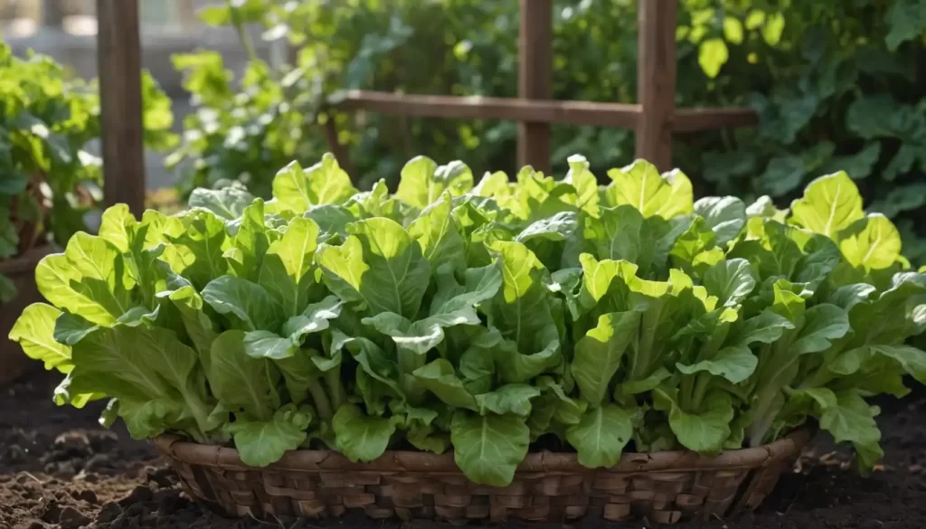 Leaves of lettuce growing on a trellis or in a basket