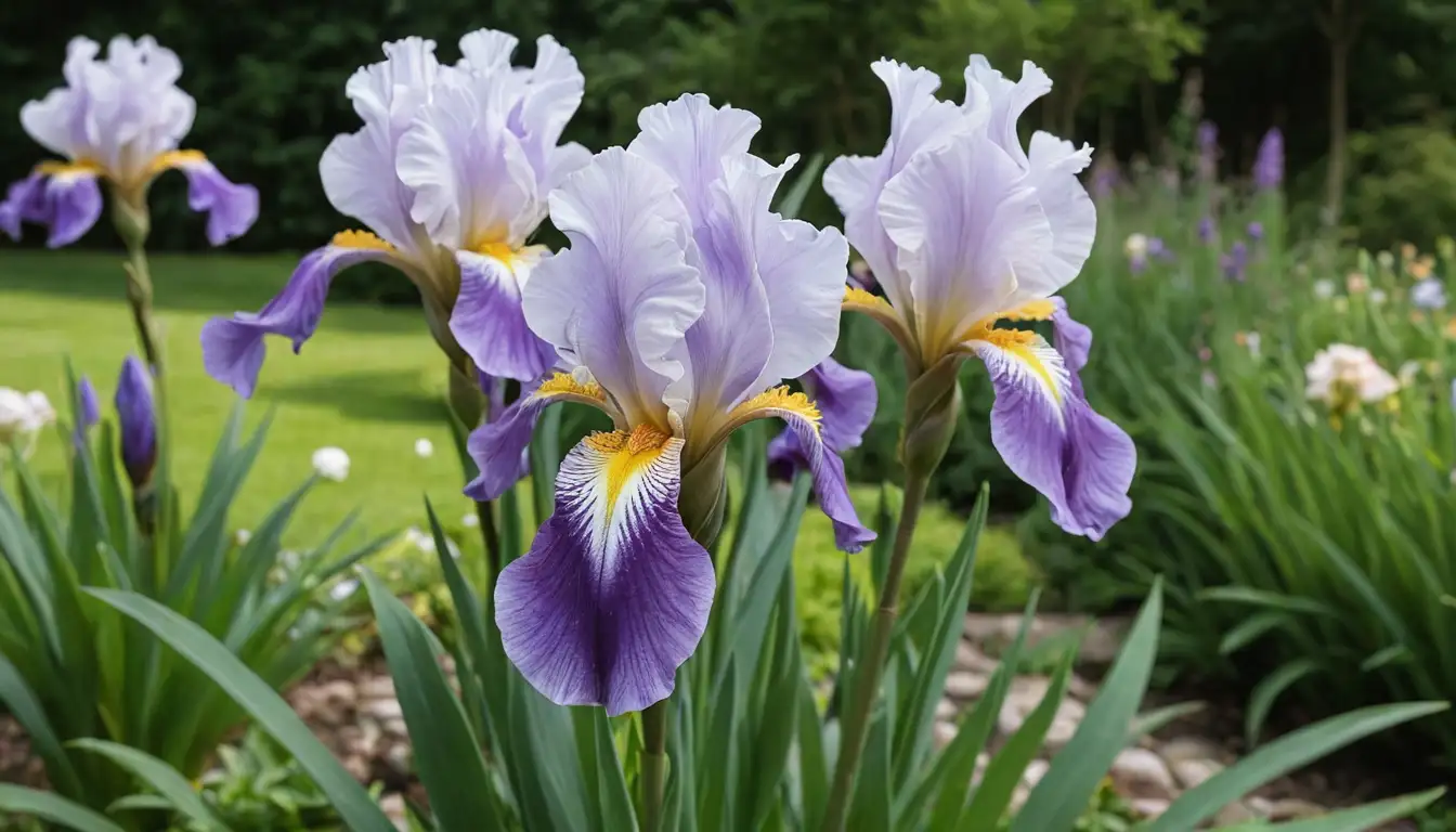 a majestic Dutch iris with purple and white petals, a tall stem, green foliage, a sunny garden background, flowers in full bloom, delicate details, a serene atmosphere