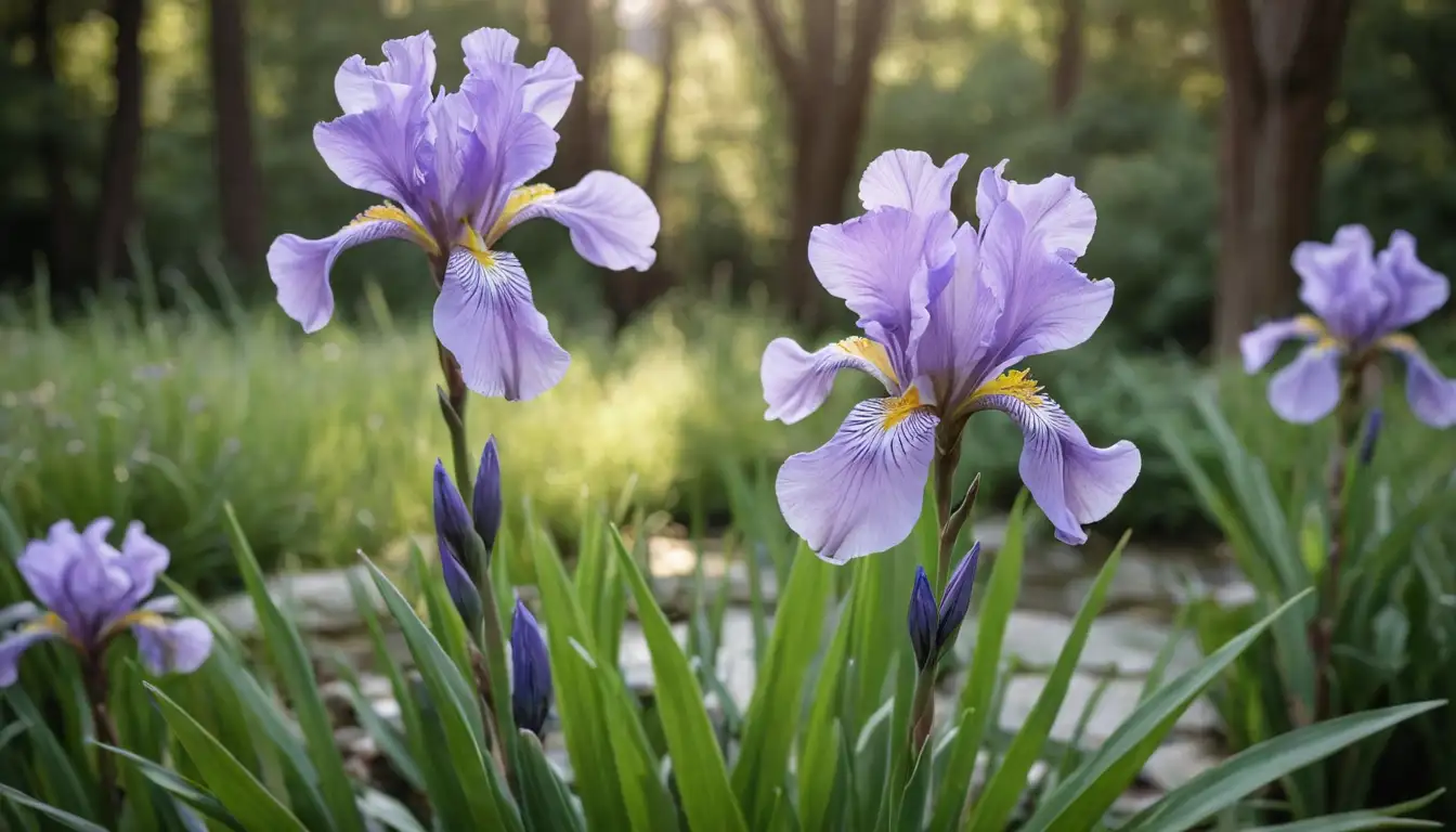Purple flowers with soft iris petals, delicate stems, green leaves, and a subtle background, possibly featuring natural elements like sunlight, water, or trees