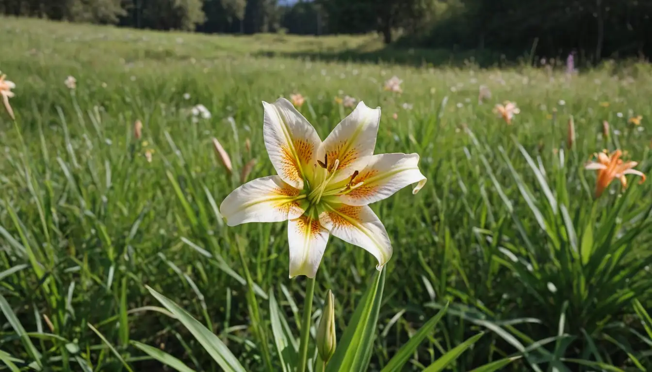 Spanish lily flower blooms in a meadow with green grass and sunny sky, surrounded by lush foliage or shrubs, highlighting its delicate petals and tall stem
