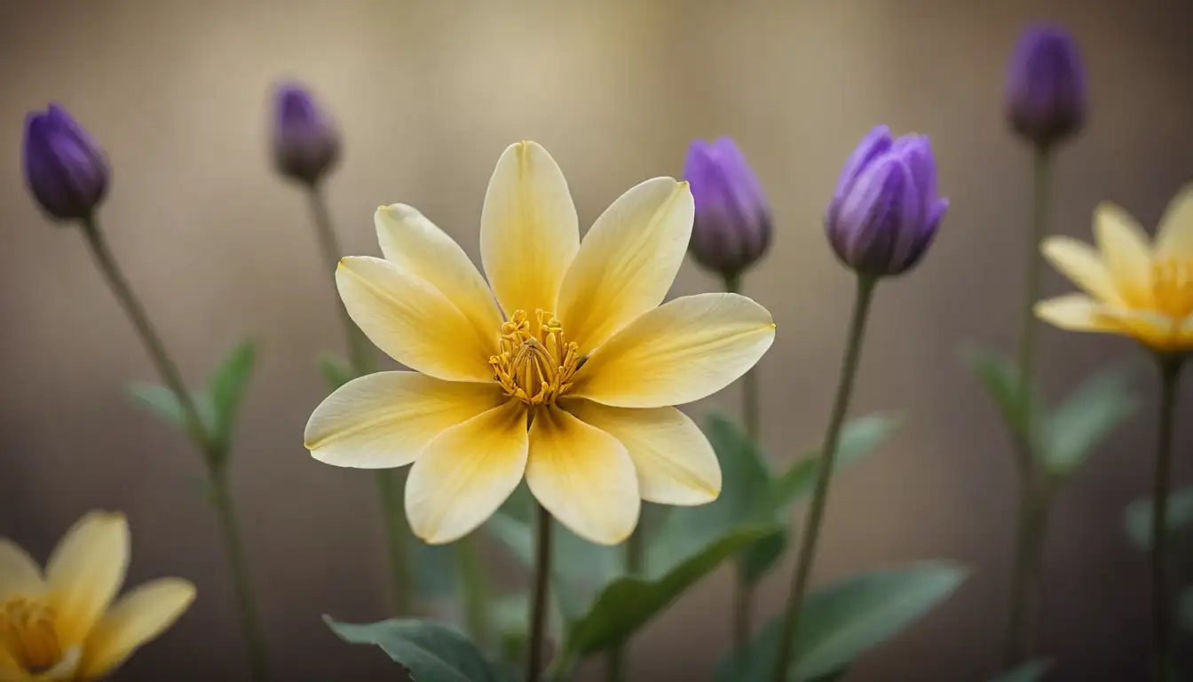 1 Delicate flowers, 2 Yellow petals with purple tips, 3 Softly focused background, 4 Earthy tones, 5 Natural setting, 6 Botanical illustration style, 7 Subtle shadows, 8 Focal point on center flower, 9 Watercolor-like texture, 10 Organic curves