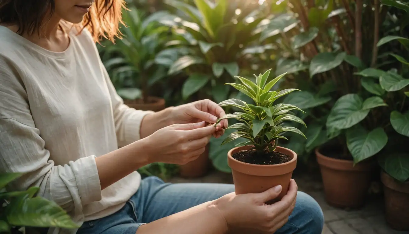 A person sitting comfortably outdoors, surrounded by lush greenery, with a warm sunset glow; holding a small potted Lobivia plant; gentle, soft focus; organic textures; earthy tones