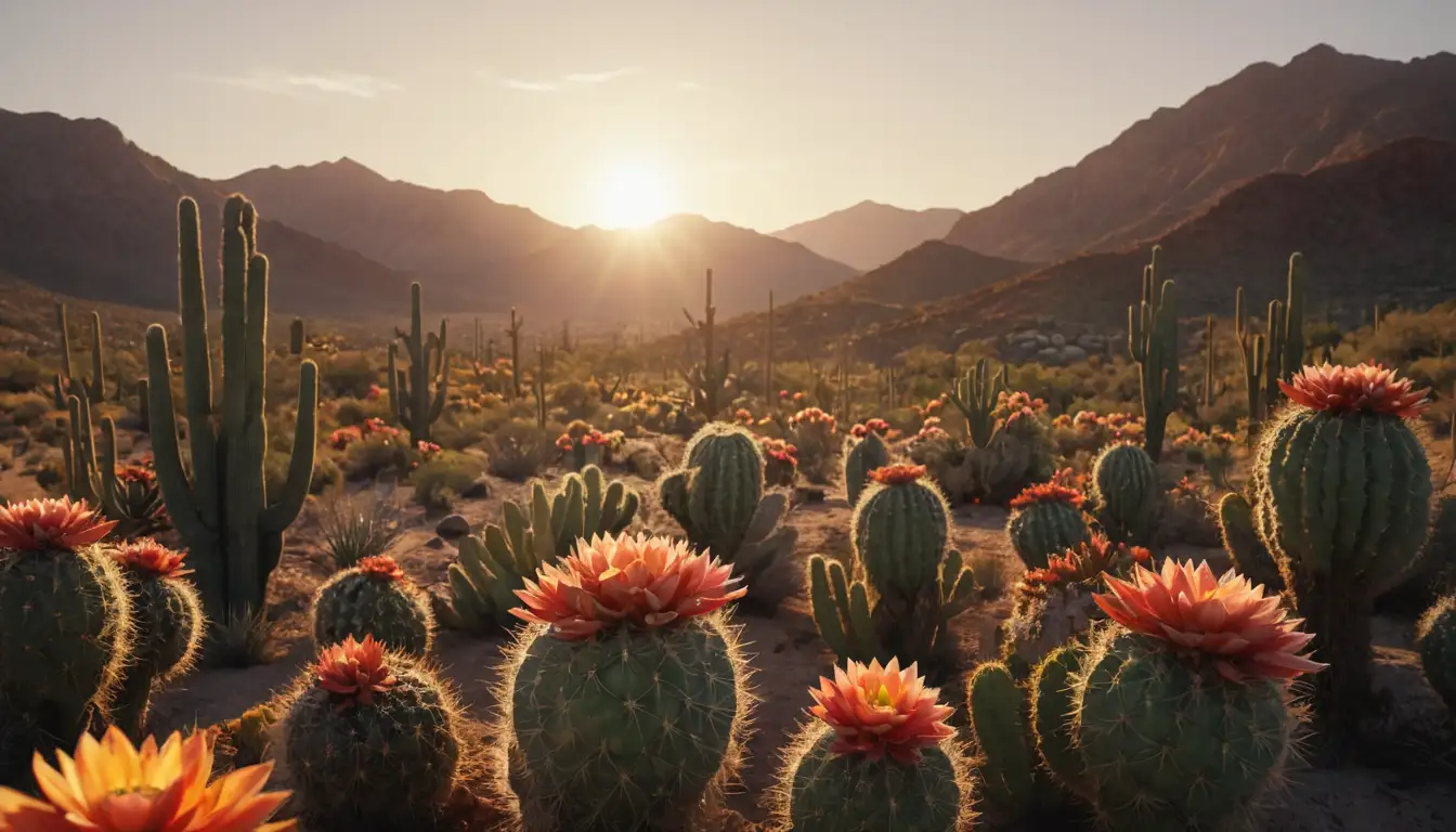 3D illustration, desert landscape, cactus plants with vibrant flowers, sun setting behind mountains, warm colors, natural textures, subtle shadows