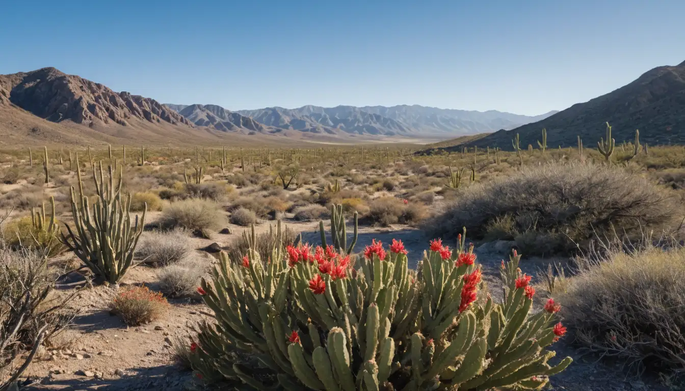 Desertscape, cacti, vibrant colors, bright blue sky, rocky terrain, dry brush, creosote bush, ocotillo, majestic mountains, distant hills, natural beauty, traditional medicine, holistic remedies, herbalism, plant-based healing