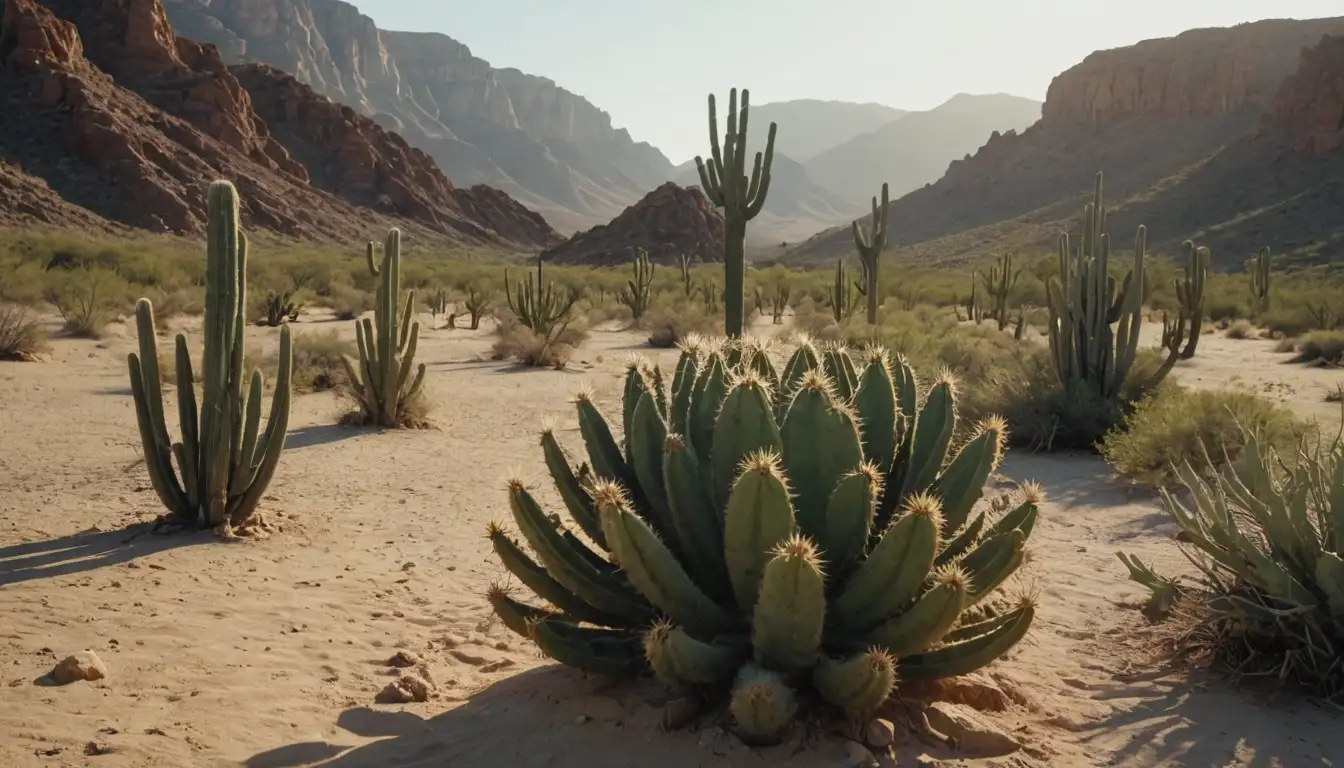 a serene desert landscape with cacti in various shapes and sizes, perhaps featuring a large Lobivia specimen as centerpiece, with warm sunlight casting shadows on sandy terrain, maybe including some subtle rock formations or dry scrubby vegetation in the background, conveying a sense of natural serenity and harmony