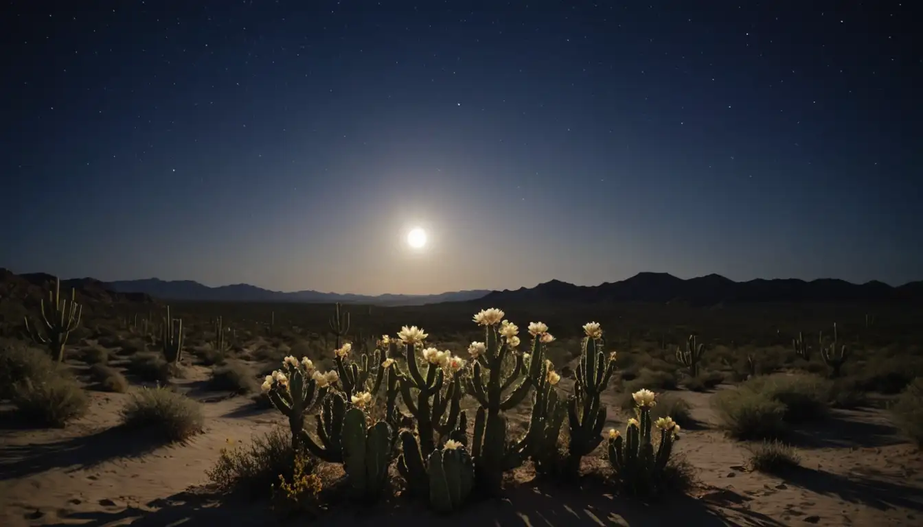 Luminous cactus flowers, desert landscape, sand dunes, rocky outcrops, full moon rising in the night sky, starry celestial background