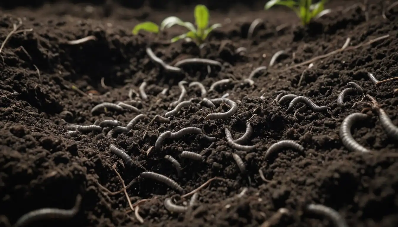 Small black earthworms, soil particles, plant roots, darkened earth texture, tiny insects, organic matter, underground world, microcosm, dirt details, worm tunnels, compacted soil