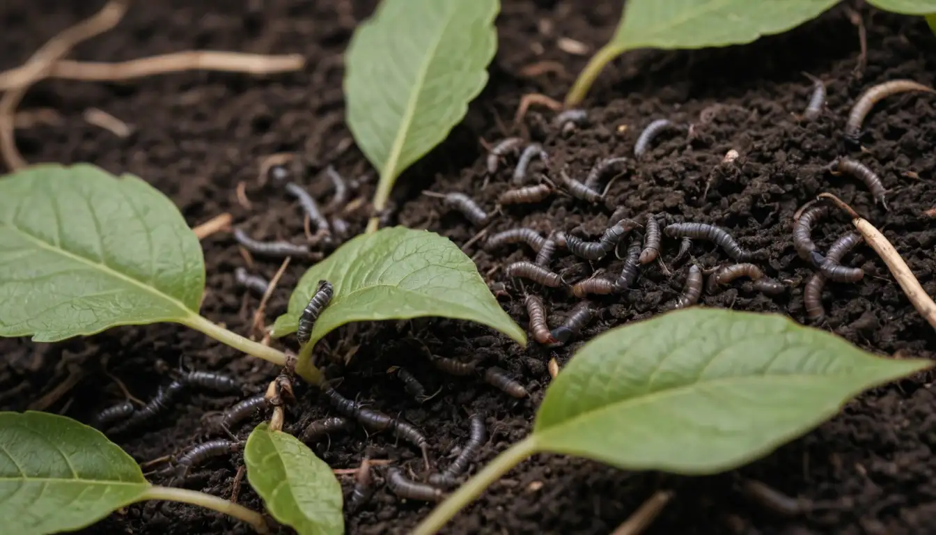 Small black worms on a leaf, dark soil, organic matter, compost, garden bed, plant roots, worm castings, natural surroundings, earthy colors, brown and green tones