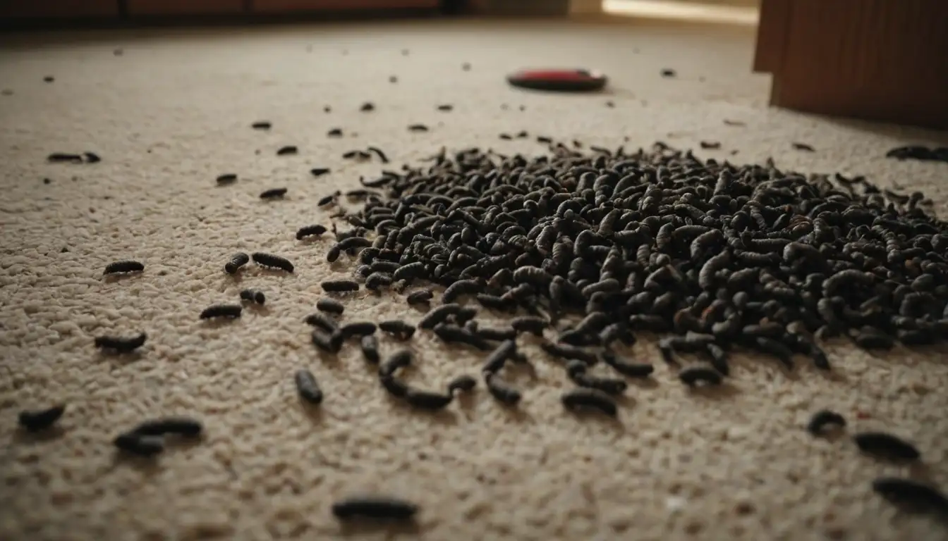 small black worms crawling on kitchen counter, dirty dishes piled high, crumbs scattered, messy living room with toys and clothes everywhere, worn-out carpets, hidden corners under furniture, dark shadows under sink