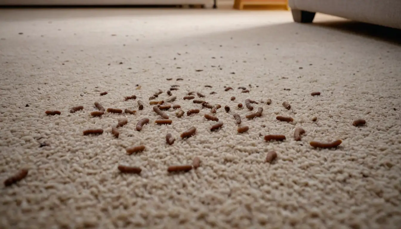 3-6 small worms on a dirty carpet or rug, possibly near a toy or pet food bowl, with a few crumbs and dust bunnies around, in a well-lit living room with a couch or chair in the background