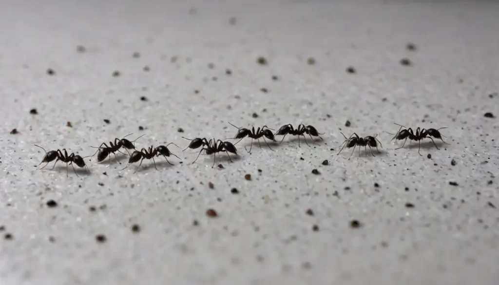Small black ants crawling on a kitchen counter