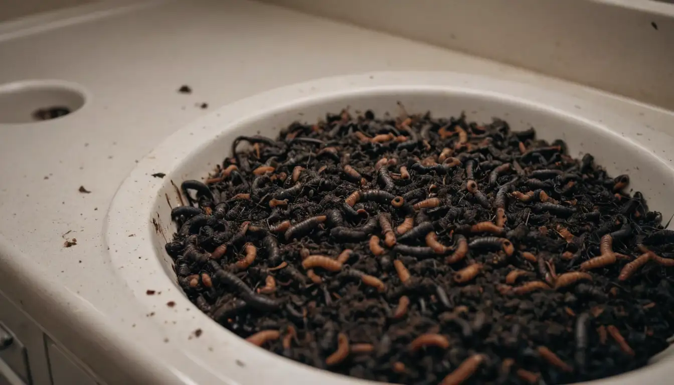 Small Black Worms, dark soil, kitchen sink, messy countertops, scattered food particles, crumbs, spills, dirty dishes, worn-out surfaces, cracks, crevices, dark corners, shadowy areas, unwashed utensils, rusty pipes, mildewy surroundings