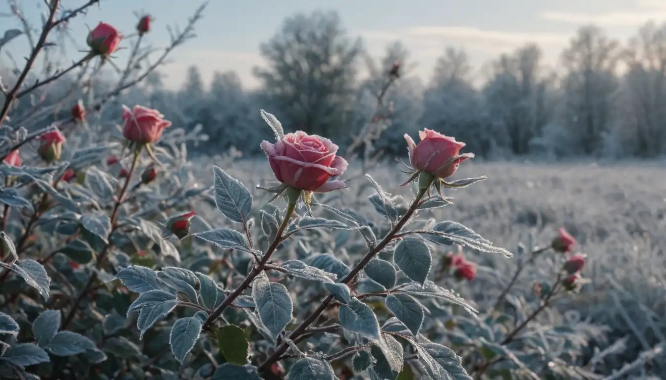 3d rose bush with frost covered stems, bare branches against winter sky, snowflakes gently falling, rose petals scattered on ground, ice crystals forming on leaves, cold and serene atmosphere