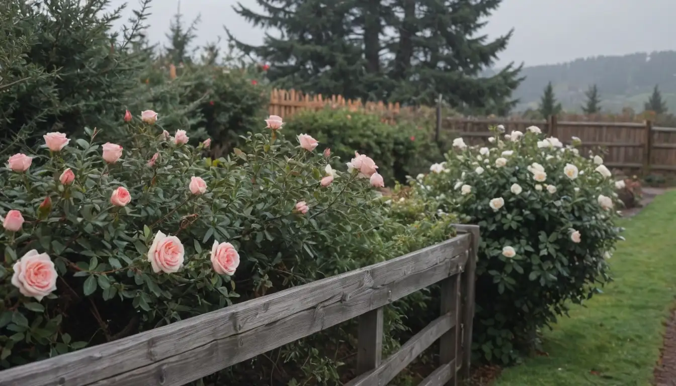 Pine bark, compost, straw, rolling hills, snow-covered roses, pruning shears, garden gloves, frosty morning light, rustic wooden fence, overcast winter sky, gentle slope, rose bushes under cover, winter gardening scene