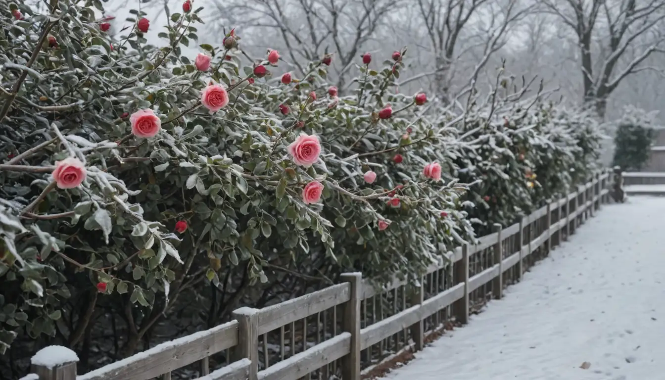 iced branches, bare trees, snowflakes, frost, winter landscape, roses covered with a blanket, rose bushes wrapped in burlap, garden fencing, wooden stakes, cold weather protection, horticultural supplies, pruning tools, gardening gloves, and a hint of greenery beneath the snow