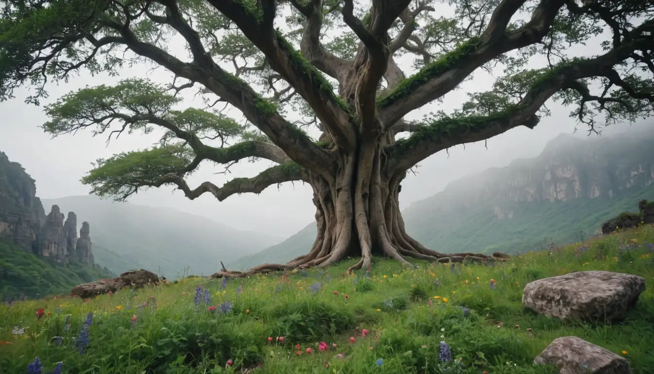 A majestic macapule tree with a large trunk, sprawling branches, and lush green leaves; roots twisted around ancient stones or ruins; misty mountains in the background; vibrant wildflowers at its base