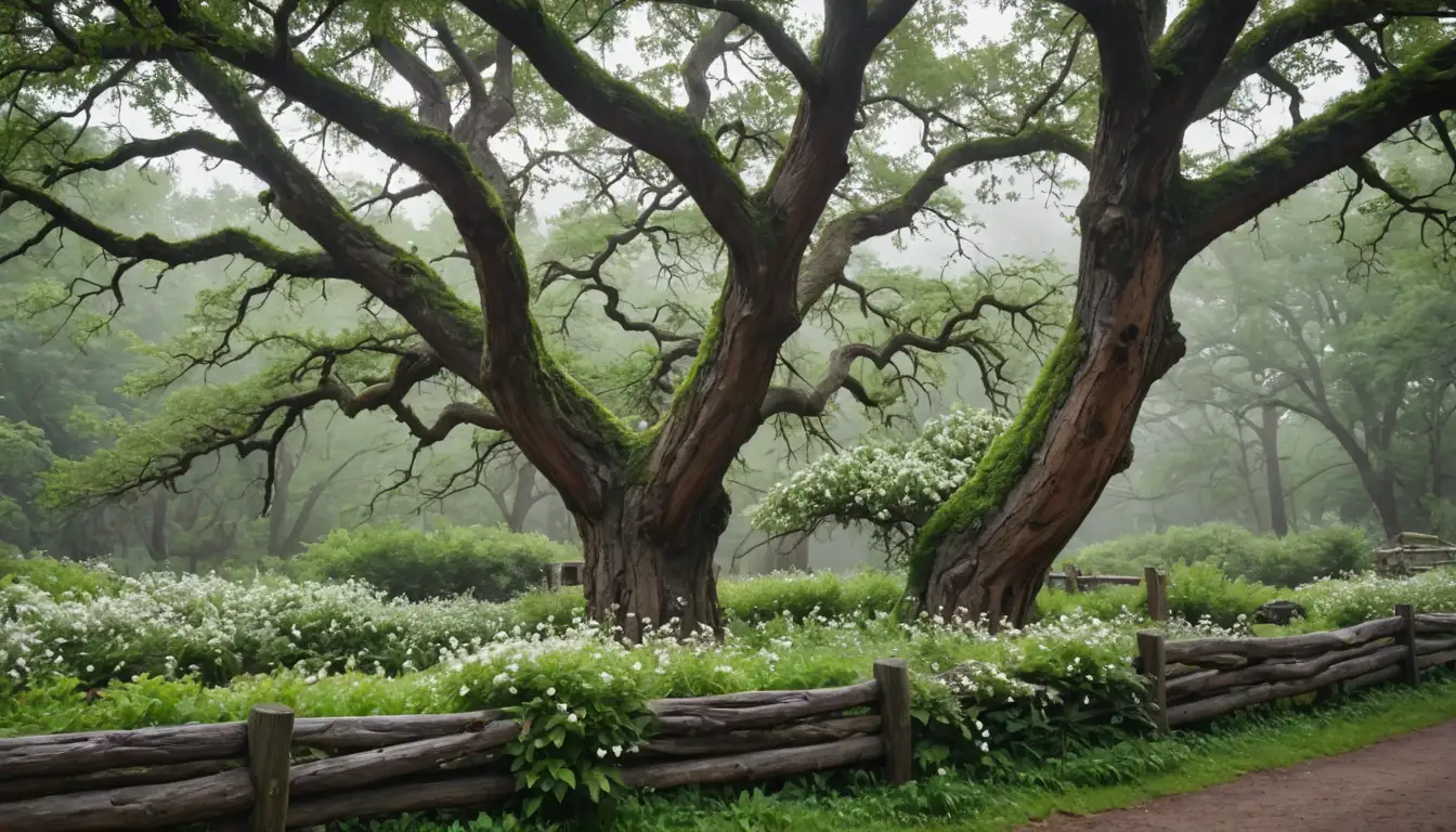 large tree with twisted trunk, sprawling branches, grayish-brown bark, rugged texture, thick foliage, vibrant green leaves, delicate white flowers, misty morning atmosphere, rustic wooden fence in background