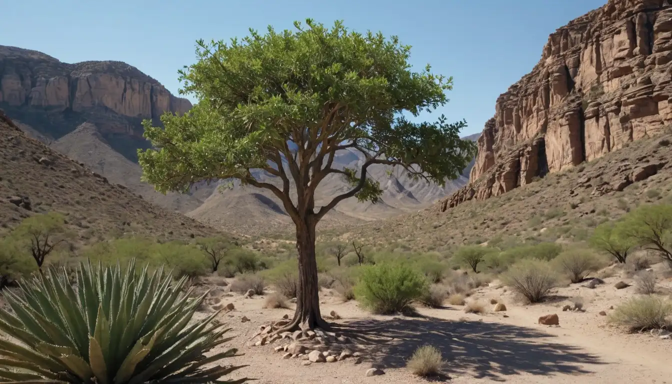tree-like plant, tall stem, broad leafed branches, rugged terrain, rocky outcroppings, desert landscape, arid environment, dry climate, Mexican terrain, natural setting, iconic landmark, monumental tree species