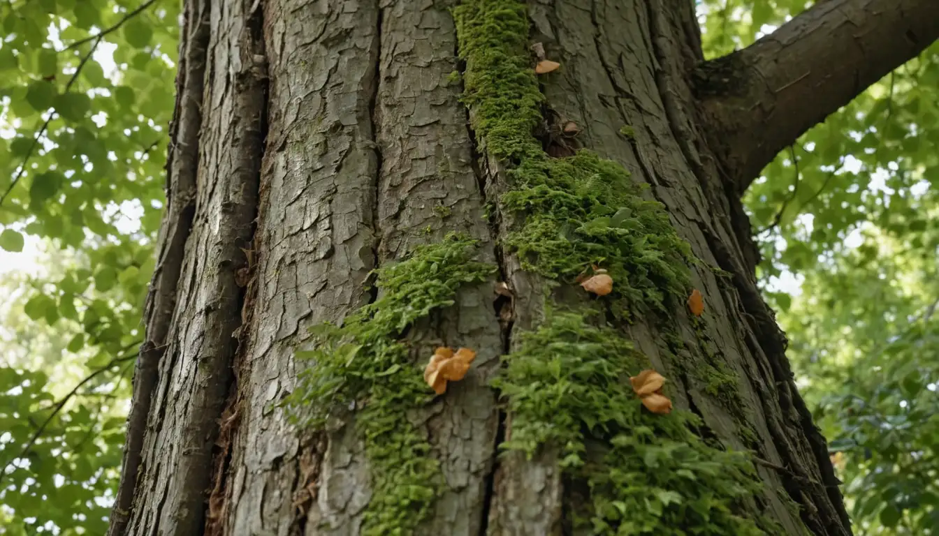 Tree trunk, leafy canopy, close-up shot of bark, fruit or flowers visible, sunlight filtering through leaves, rustic or natural background, autumnal colors or hues of green, a few pests or signs of decay visible, unobtrusive presence of inspector or gardener