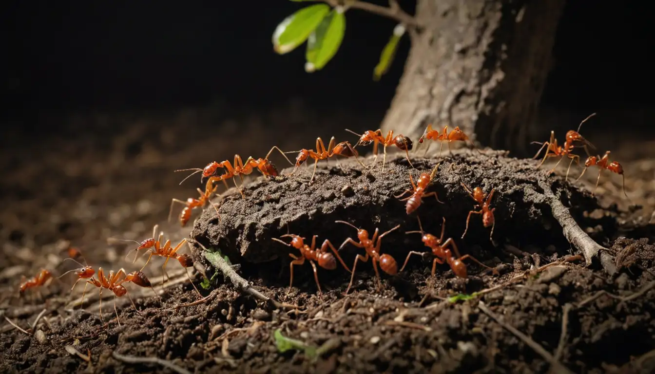 Red ants, insect, red color, shiny body, multiple legs, tiny mandibles, tunnel-building, vegetal sap feeder, magnolia tree, trunk base, soil, dark background, reddish-brown tones