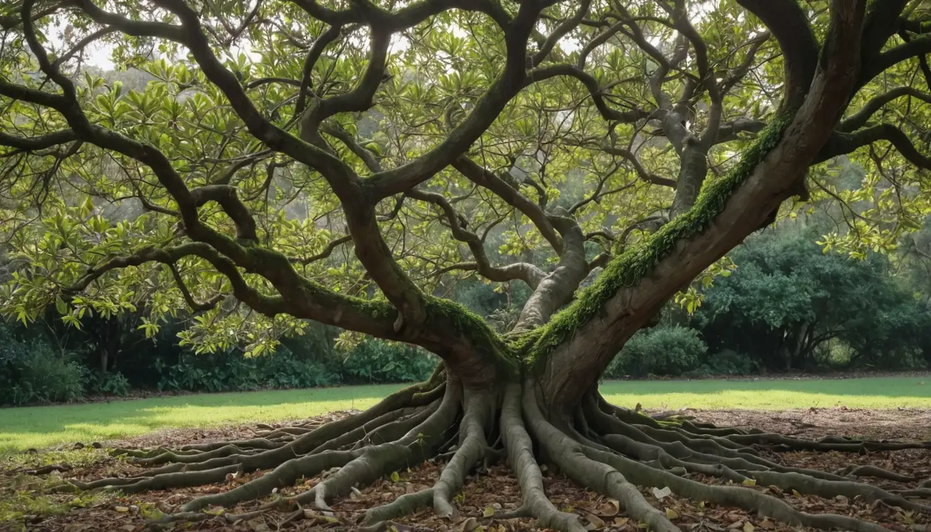 Large magnolia tree, leaves curled, branches tangled with vines, fruit and flowers scattered on ground, insects or animals feeding, fungi growing on trunk, soil cracked with roots exposed, shade from sunlight, lush greenery surrounding