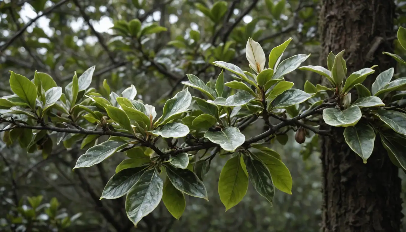 Leaves with black spots, fungal growth, decayed tissue, dark lesions, infected leaves, fungal infection, plant damage, magnolia foliage, affected areas, diseased plant parts, visible signs of infection