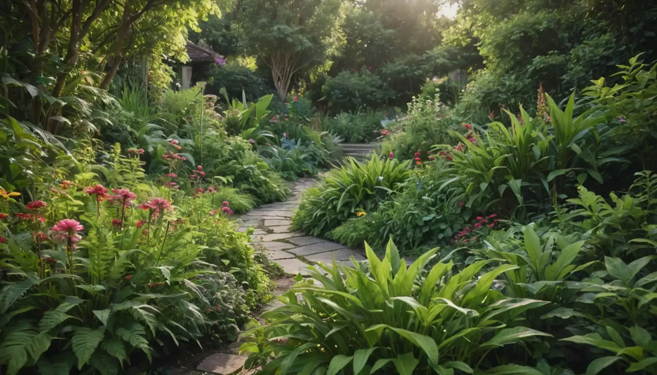 A garden with lush greenery, vibrant flowers, and diverse plants coexisting amidst overgrowth, showcasing a balance between good and bad herbs, with sunlight filtering through leaves, and earthy tones in the background