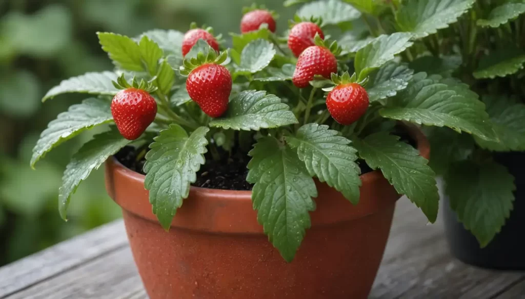 A vibrant red strawberry plant growing in a small pot