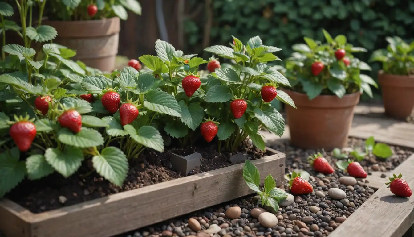 3-4 strawberry plants with lush green leaves and vibrant red fruit growing in a macetated environment, surrounded by wooden or plastic potting material, possibly with some decorative elements like pebbles or flowers, and a subtle background that evokes natural light and warmth