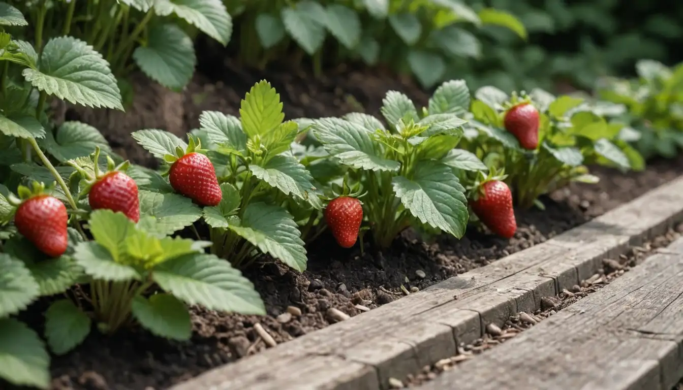 2-3 strawberry plants in varying growth stages, surrounded by lush green foliage, soil texture visible, rustic wooden or stone edging, bright natural light, simple gardening tools nearby, no distractions from main focus on strawberries and soil