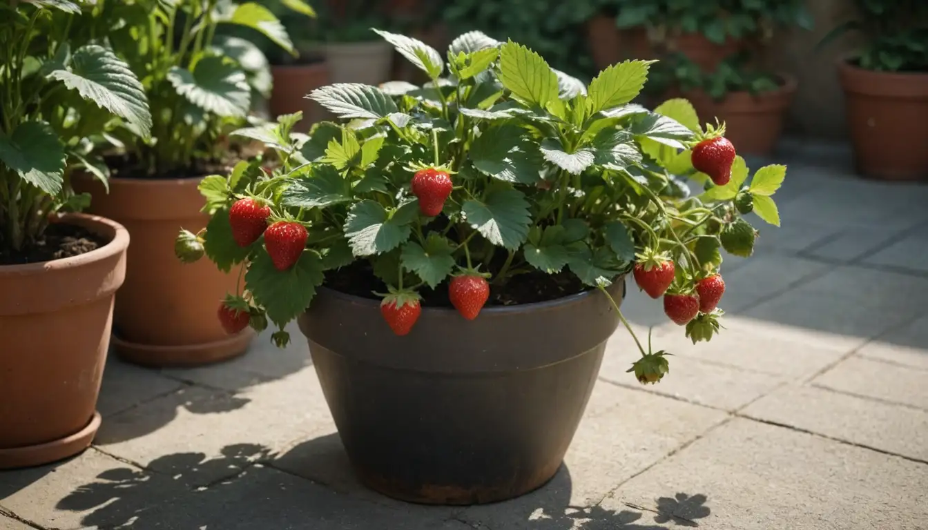 4 strawberry plants in a pot, leaves and fruits exposed to sunlight, soil partially visible, gentle shadows underneath, naturalistic surroundings with greenery or a small patio