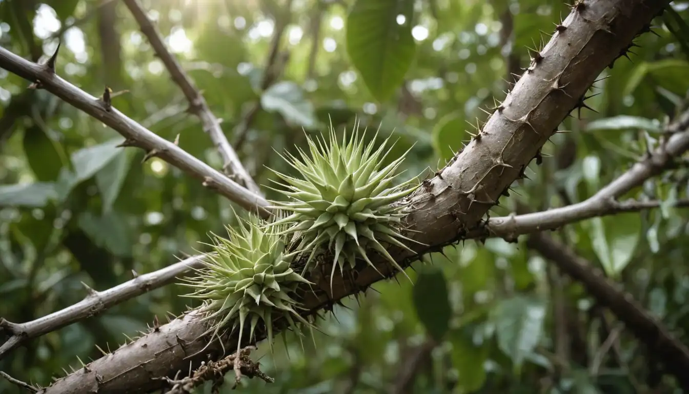 Tree with thorns, medicinal plant, Matucana, branch with fruit, green leaves, close-up of spines, wooden texture, natural habitat, forest environment, tropical climate, sunlight filtering through foliage