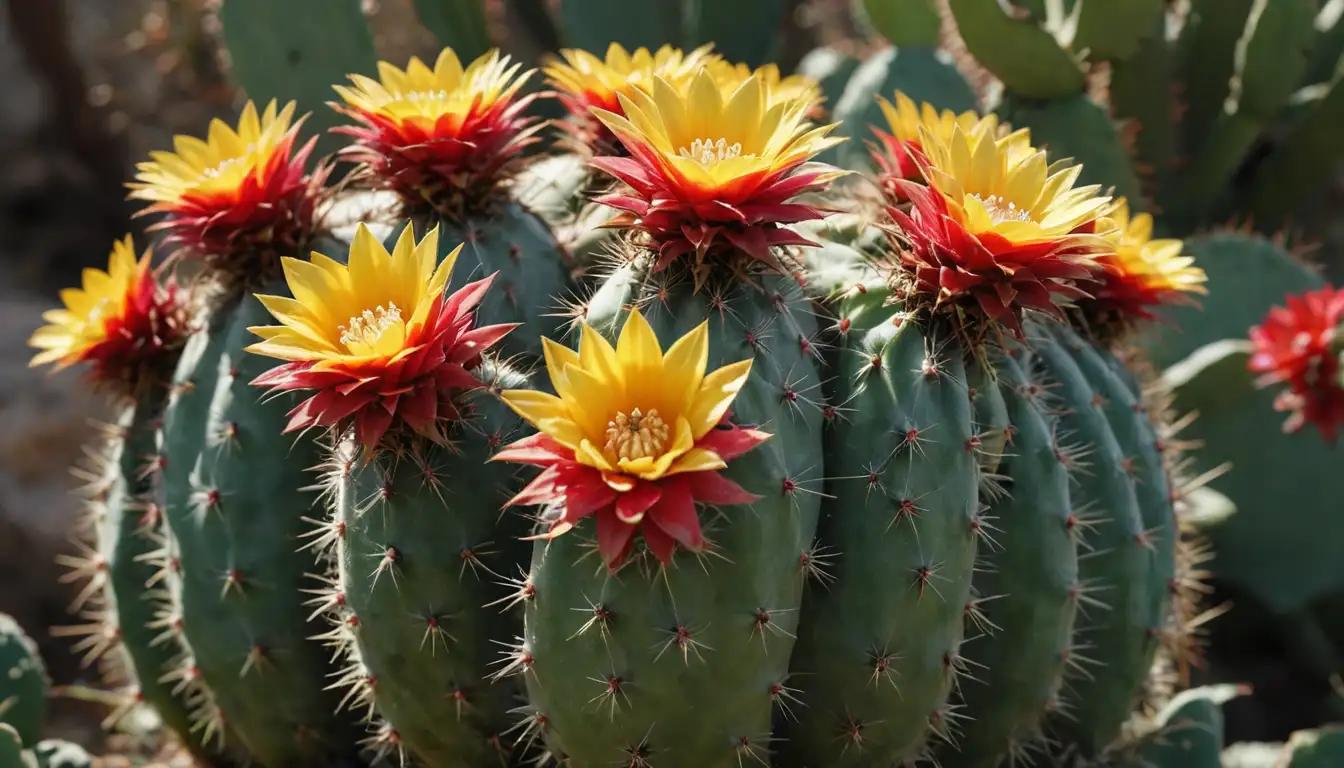 3D illustration of a mature Matucana cactus, close-up of its fruit (yellow and red segments), open flowers, and spines; possibly some green leaves or stems in background
