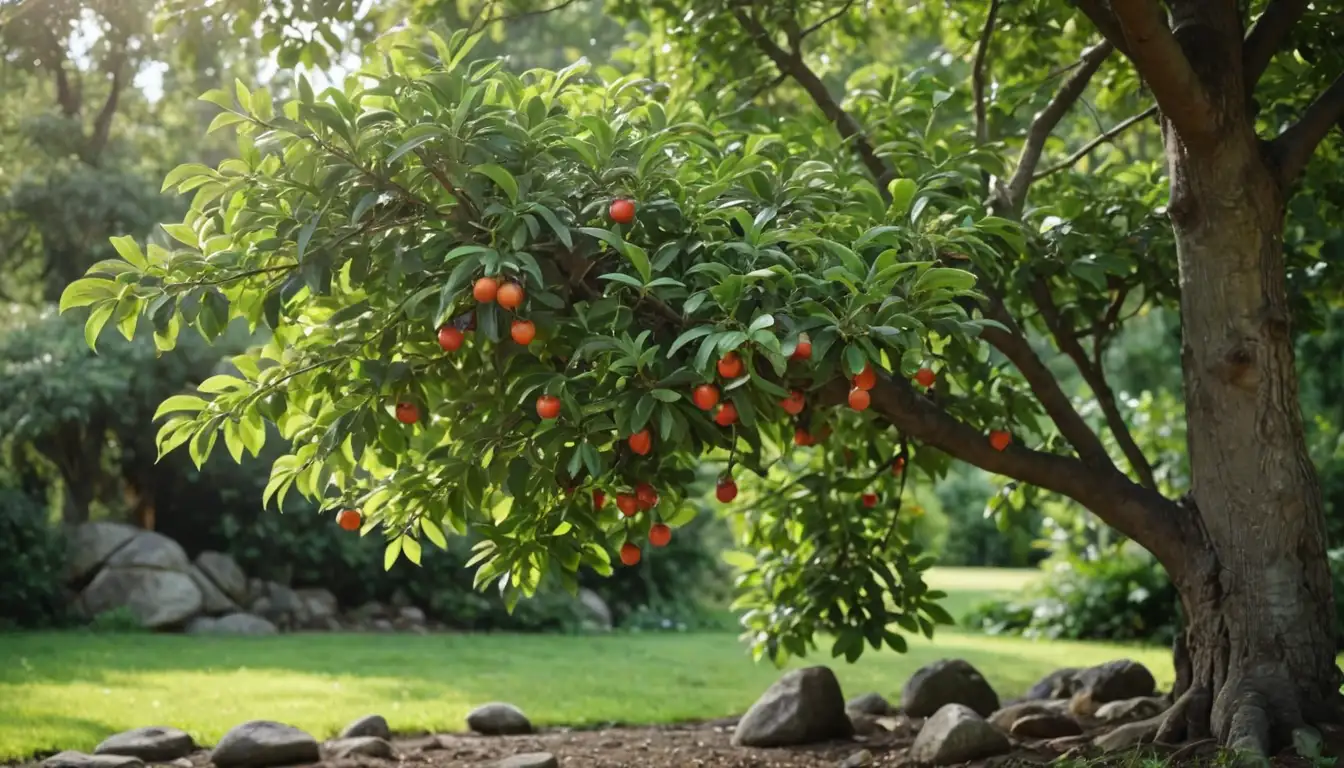 Mature tree with lush green leaves, fruit hanging from branches, sunny garden setting with soil and rocks, small insects or worms moving around the base
