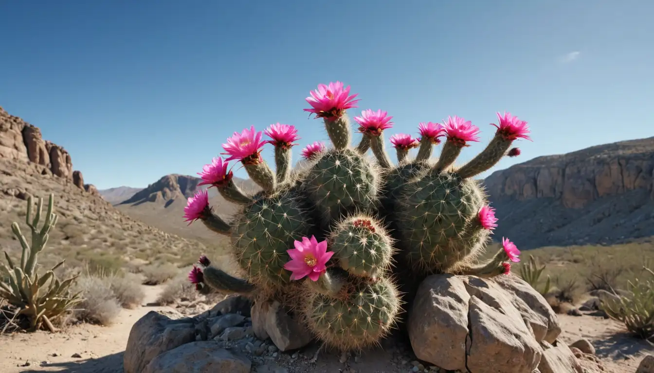 3D rendering of a cactus with bright pink flowers, set against a rocky outcropping, surrounded by sparse desert vegetation, warm sandy ground, and a clear blue sky with few clouds