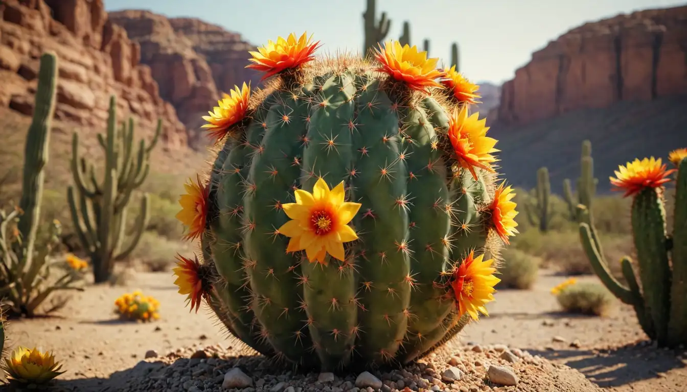3D rendering of a unique, globe-shaped cactus with vibrant orange-red fruits and bright yellow flowers against a warm, desert-like background