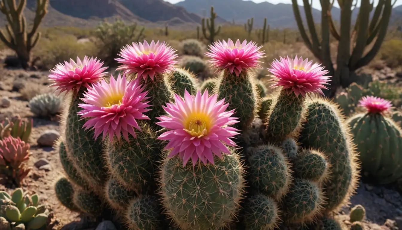 3D rendering of Matucana madisoniorum cactus with vibrant colors, tubular flowers in shades of pink and yellow, dense spines, succulent stems, arborescent growth habit, dry desert landscape in the background, sun shining from above