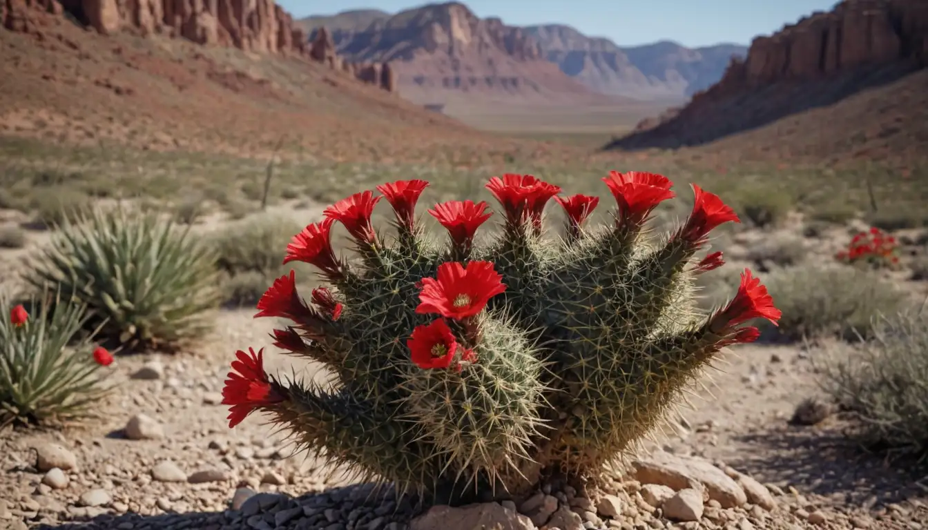 Prickly, segmented stem, large tubercles, bright red flowers, desert landscape, rocky terrain, sparse vegetation, dry climate, unique shape, vibrant coloration