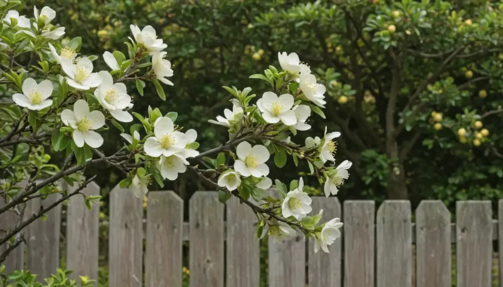 2-3 small Japanese quince shrubs with white flowers blooming against a light green or yellow background